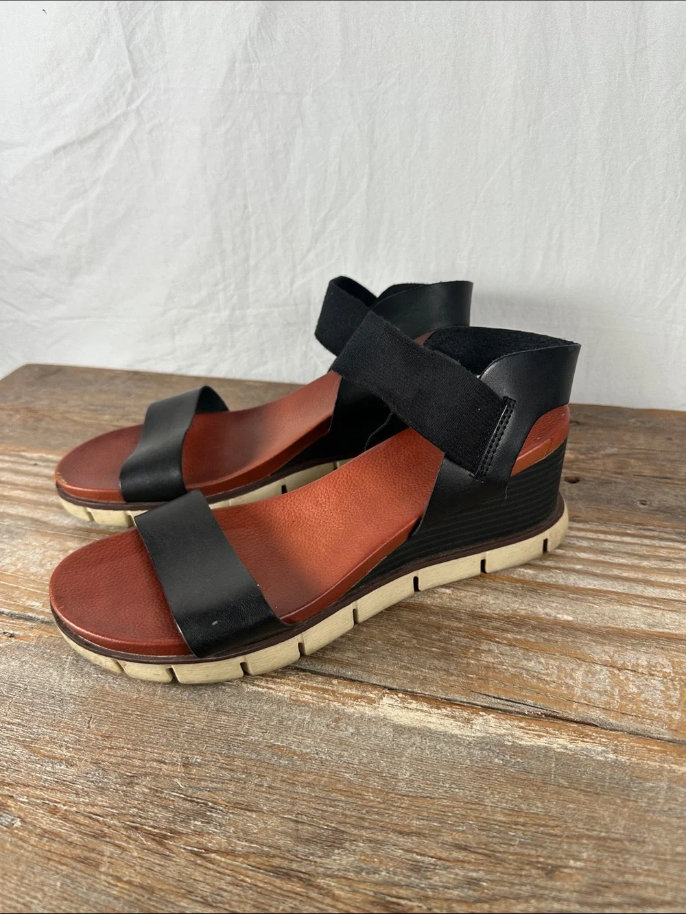 MIA Black Leather Strap Wedge Sandals with Brown Footbed - Picture 1 of 6